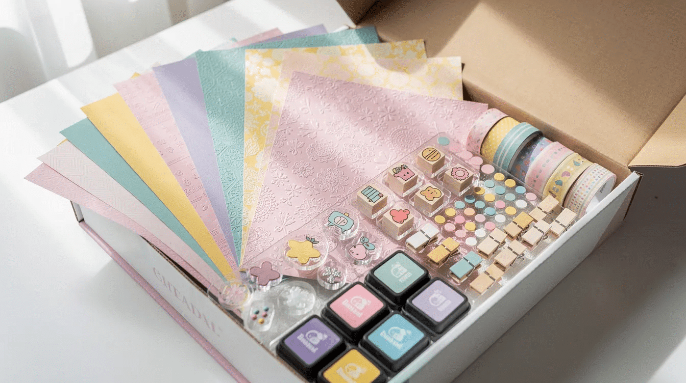 The image shows an open subscription box filled with a vibrant assortment of paper crafting supplies including colorful papers various stamps and decorative embellishments all neatly arranged to inspire creativity for scrapbooking or card making projects This delightful collection invites you to explore your crafty side and create beautiful designs for any occasion