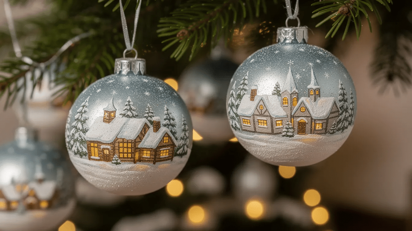 A curated collection of handmade Christmas ornaments decorated with snowy village prints dangles from lush evergreen branches showcasing seasonal motifs that evoke a festive spirit These ornaments crafted with rice paper and decoupage techniques add a charming touch to holiday decor