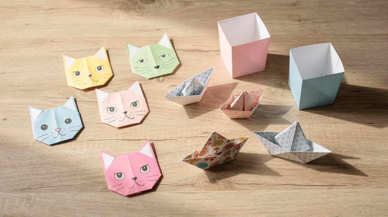 7a15ffbb d8ba 46cd a8ca 25ee00fcfe0b A vibrant assortment of easy origami models including cat faces boats and paper cups is neatly arranged on a wooden table showcasing the fun of folding paper This colorful collection invites beginners and kids to start exploring simple folds and create their own origami animals and designs