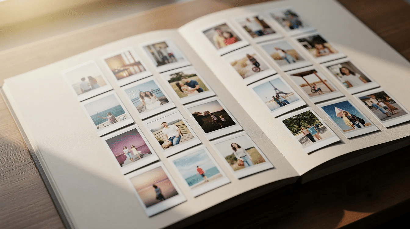 An open photo album displays neatly arranged instant photos on thick pages showcasing polaroid photographs that capture happy memories with friends and family The leather cover adds a touch of elegance to this small photo album perfect for storing cherished moments