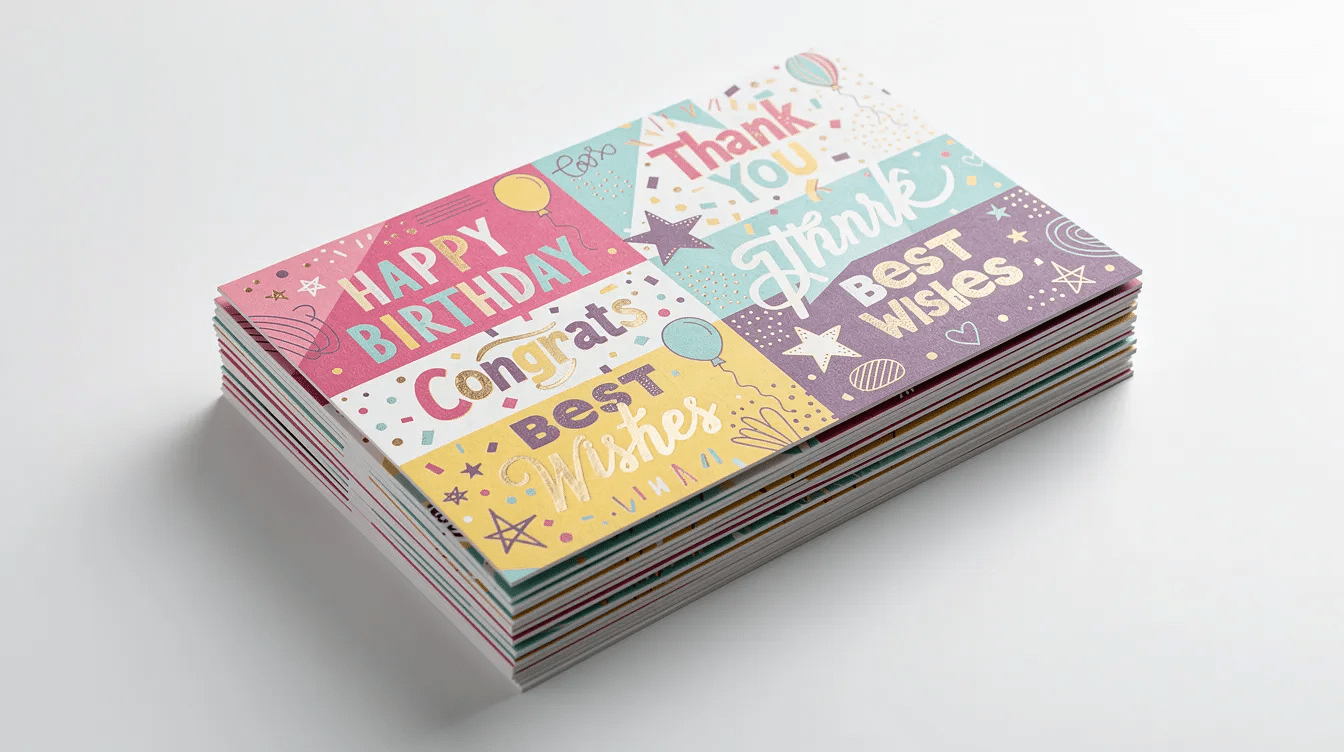 A vibrant stack of modern greeting cards featuring bold typography and playful designs perfect for various occasions These colorful cards are ideal for customers looking to share heartfelt messages with their loved ones and add a cheerful touch to any life event