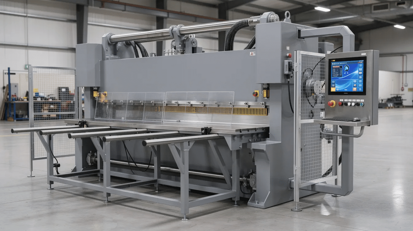 The image features a heavy industrial hydraulic guillotine cutter equipped with a digital control panel and safety guards designed for precision cutting of various materials such as paper and cardboard This heavy duty paper cutting machine showcases a hardened steel blade and includes safety features to ensure reliable operation in print shops and small businesses