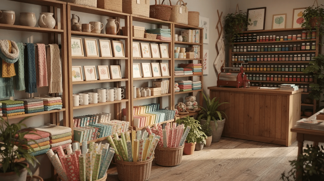 The image depicts the interior of a cozy craft store featuring wooden shelving filled with a wide selection of handmade items colorful paper supplies and various craft kits designed to spark creativity The warm atmosphere invites shoppers of all ages to explore accessories yarn fabrics and tools for their next creative project