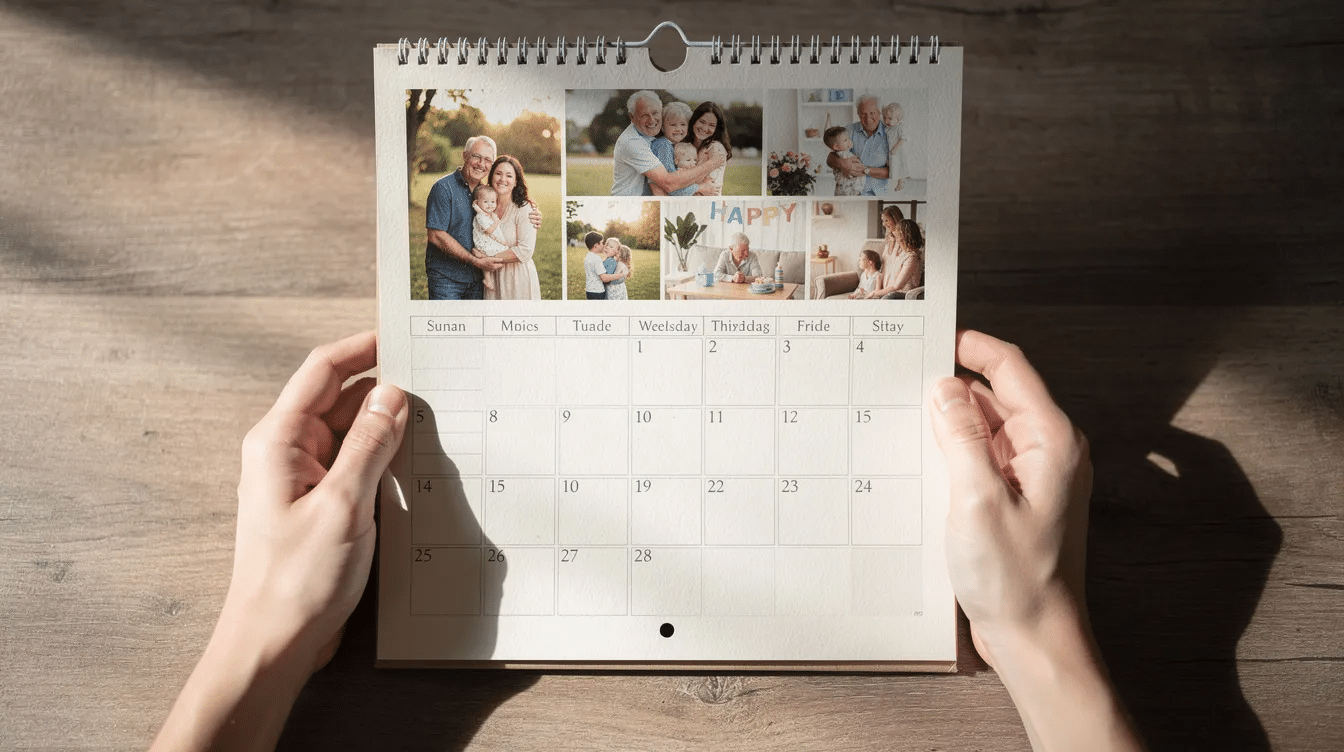 Two hands gently hold an open handmade photo calendar filled with family pictures showcasing cherished moments and creating a thoughtful gift for grandparents This personalized keepsake captures the joy of family life and serves as a beautiful reminder of special occasions