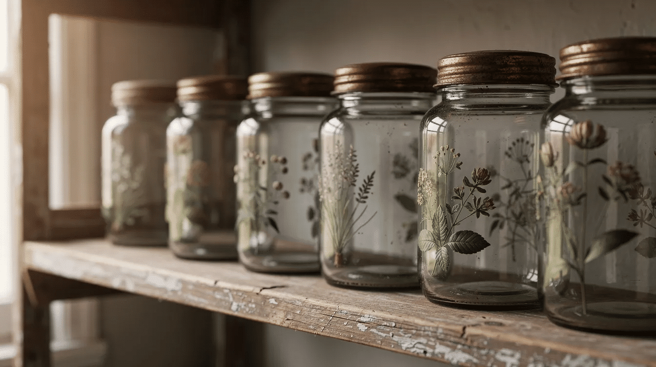 84c86d14 6437 4550 90c1 76d37fc1f1ae The image features a collection of vintage decorated glass jars adorned with botanical prints elegantly arranged on a rustic wooden shelf creating a charming display that showcases creativity and a love for vintage decor The jars could be enhanced using decoupage techniques with paper napkins adding a unique touch to any shop or store