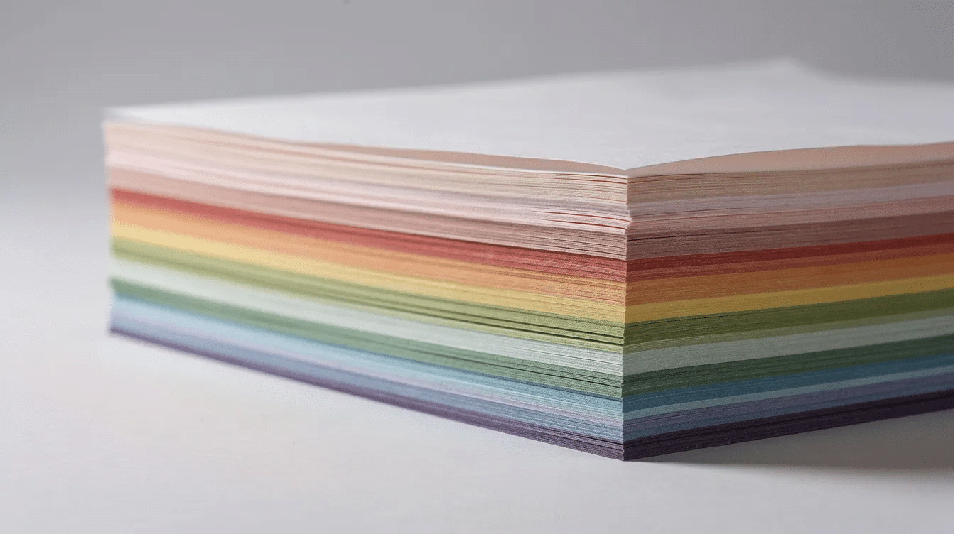 A stack of origami papers in various colors and thicknesses is arranged to showcase a gradient from thin to thick emphasizing the actual thickness and weight of each sheet The collection includes traditional origami paper and lighter options demonstrating the diversity of paper types used in creating complex origami models