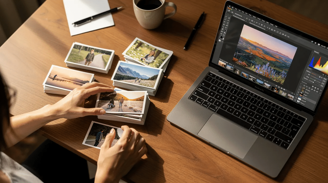 89d8da77 14f0 4a16 92cb 41f5d13fc9ed A person is organizing printed photographs on a wooden desk with a laptop displaying photo editing software nearby This scene captures the essence of preserving favorite memories and creating photo books for future generations showcasing moments from life family and friends