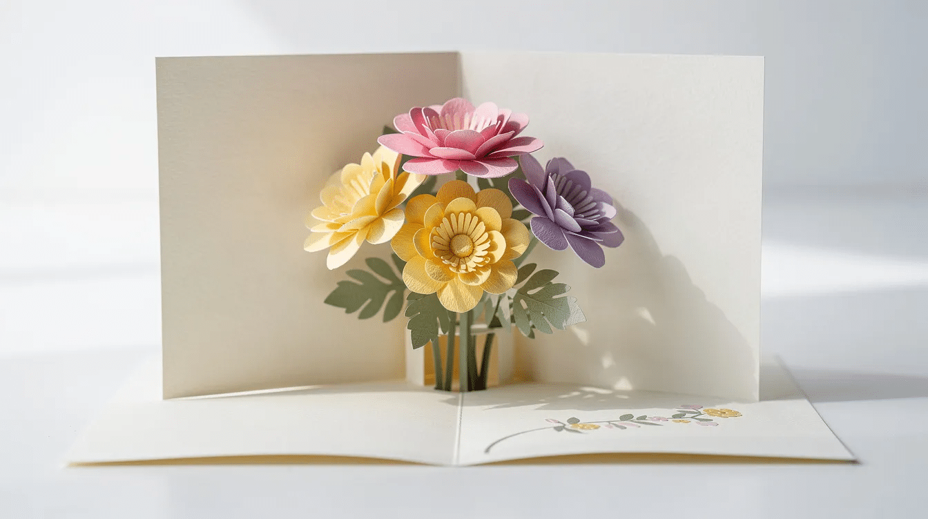 The image features a three dimensional arrangement of colorful paper flowers that spring forth from an opened greeting card creating an eye catching display perfect for sending well wishes on special occasions This unique design adds a personal touch to any heartfelt message making it an ideal choice for various types of greeting cards such as birthday or anniversary cards