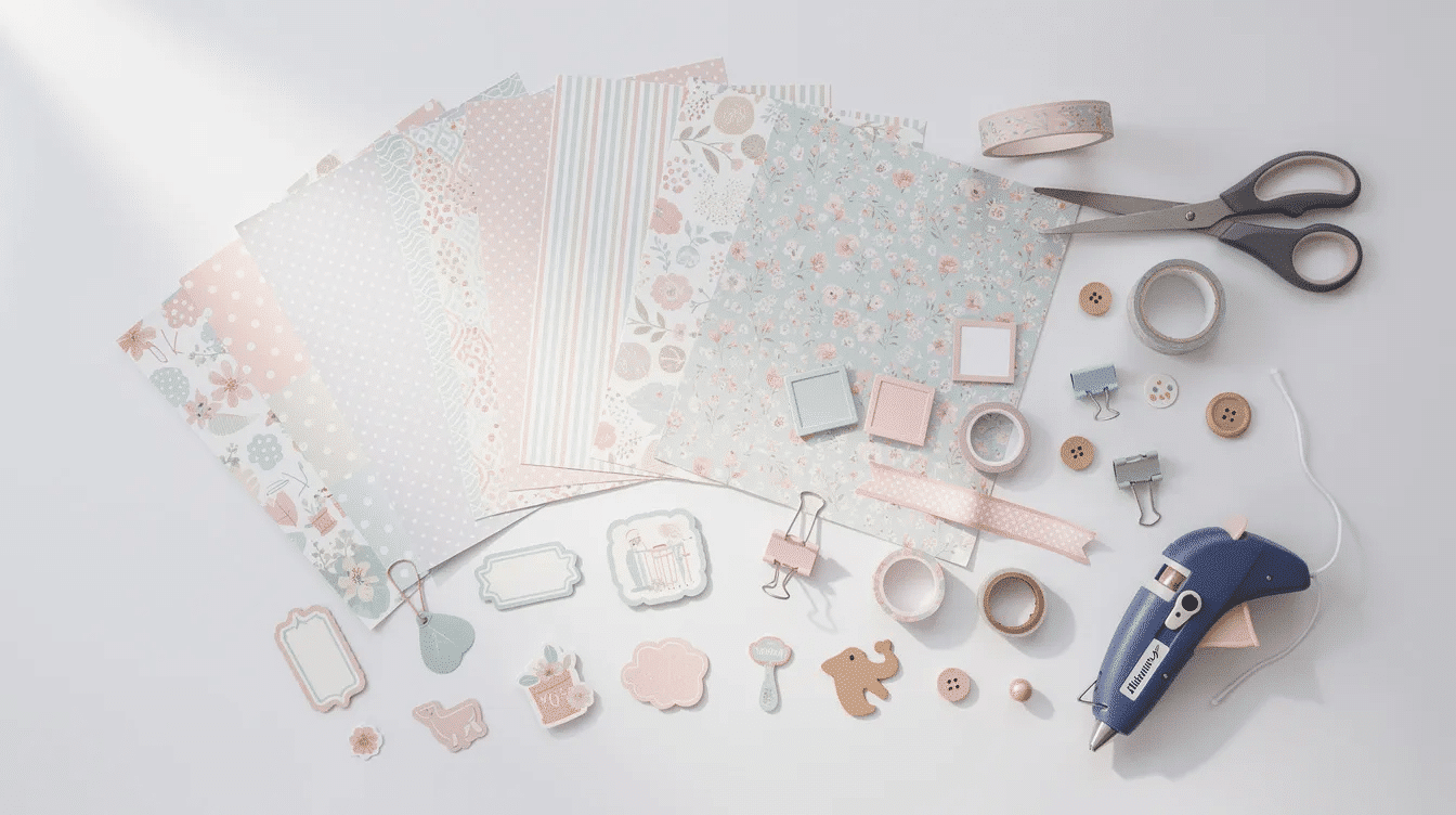 A flat lay displays an assortment of coordinated scrapbook papers stickers and embellishments from brands like Simple Stories and Echo Park arranged neatly on a white surface perfect for preserving family memories and adding a personal touch to your projects The colorful designs and textures invite creativity for a special day of crafting