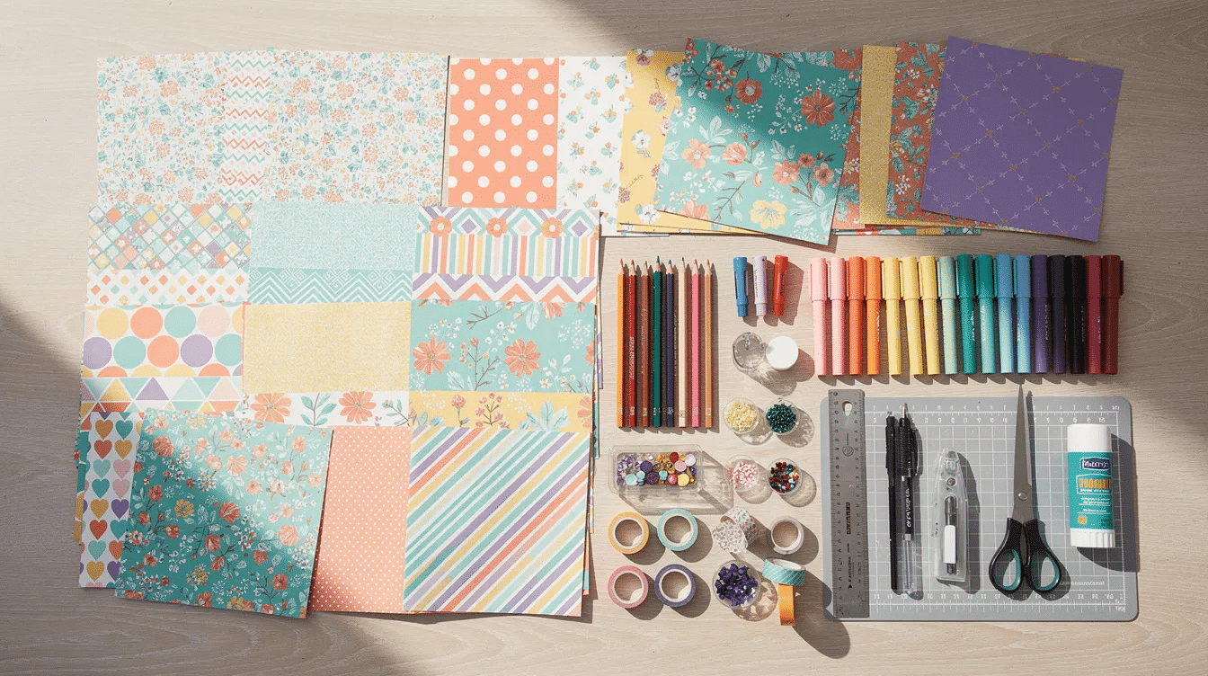 The image displays a neatly arranged collection of colorful patterned papers and various craft supplies on a table showcasing high quality materials perfect for creative projects This vibrant setup reflects the essence of a craft subscription box inviting users to explore their creativity with fun and engaging craft kits