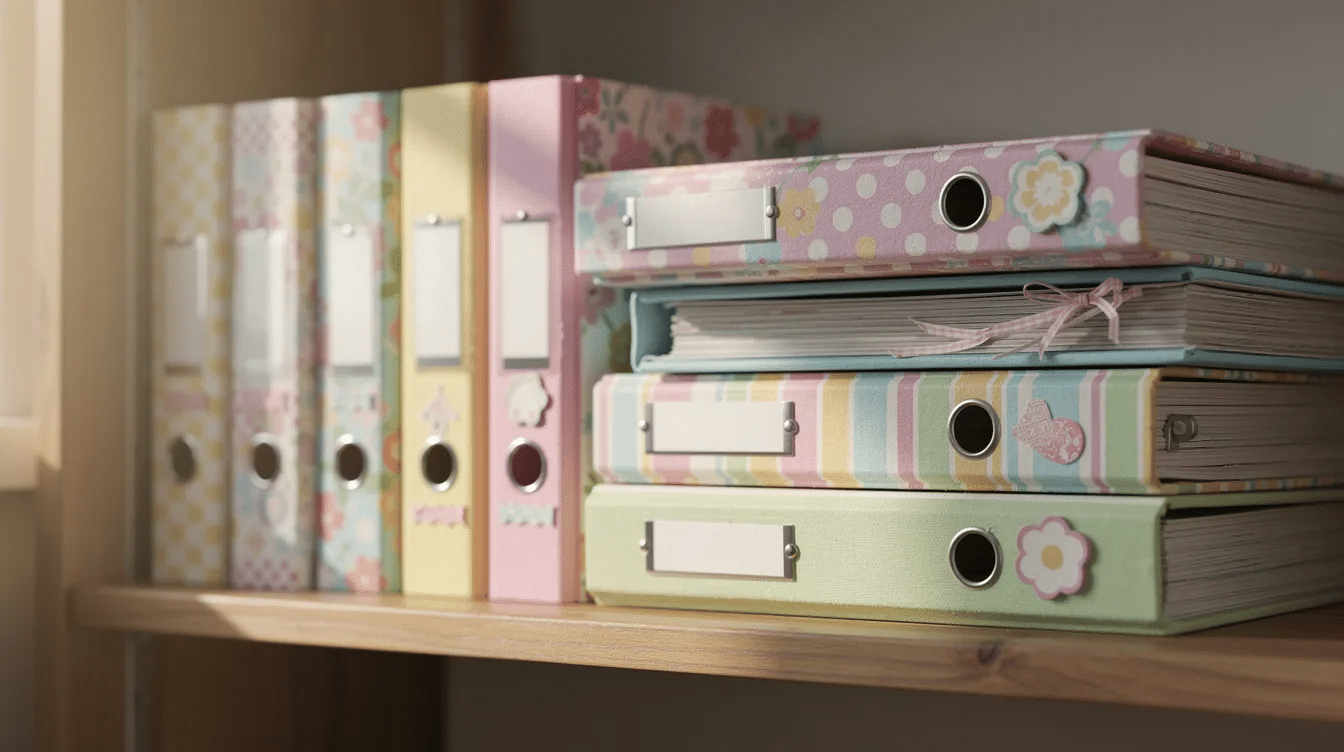 A vibrant stack of scrapbook albums and binders featuring brands like Simple Stories and Echo Park is neatly arranged on a wooden shelf showcasing a variety of colors and designs perfect for preserving family memories The albums are designed to protect and organize cherished moments inviting users to access their love for crafting and storytelling