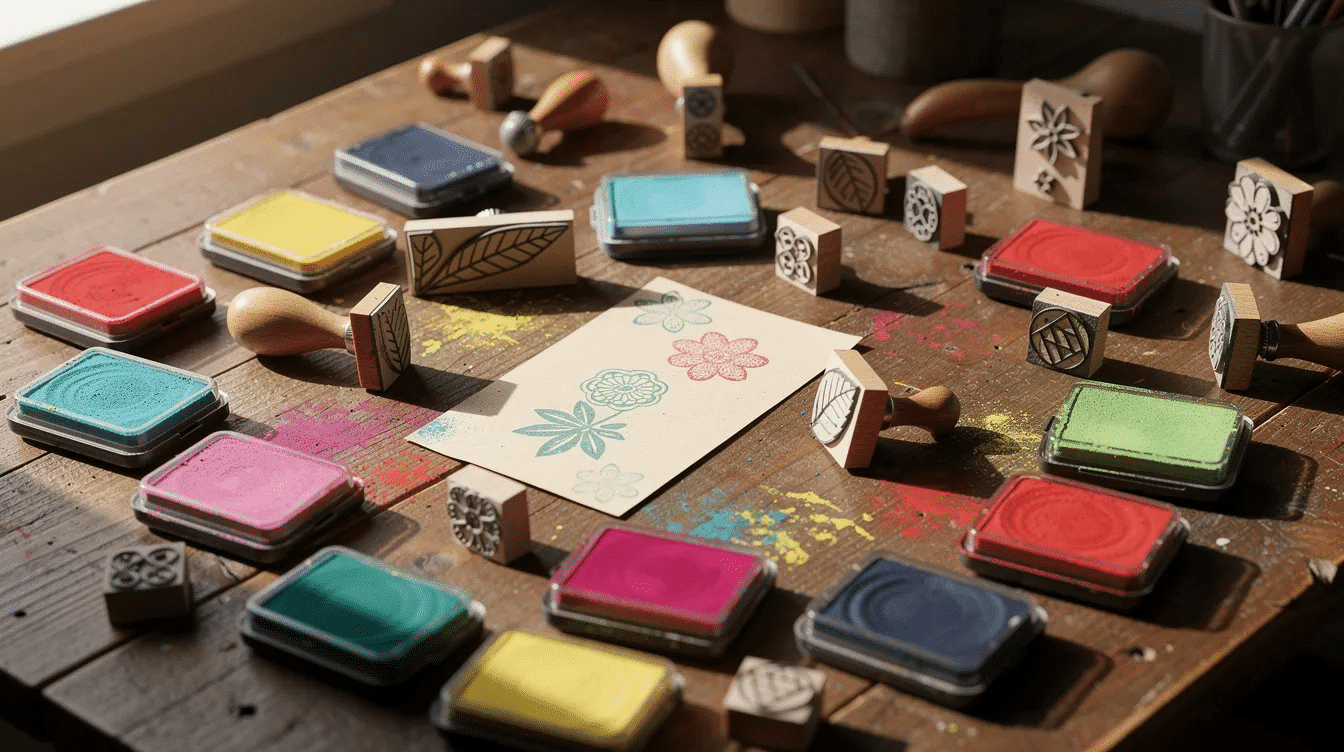 The image features an array of colorful ink pads and rubber stamps neatly arranged on a wooden workspace ideal for crafters looking to enhance their scrapbook projects with vibrant embellishments This setup showcases essential scrapbook supplies that invite creativity and family bonding through crafting
