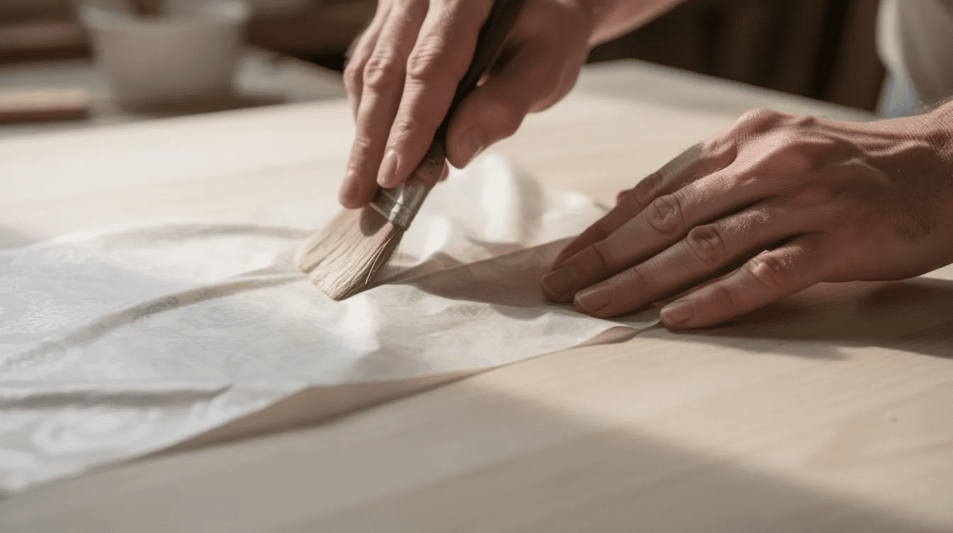 A close up image shows hands delicately applying thin decoupage rice paper onto a wooden surface using a soft brush highlighting the intricate details of the decorative paper as it adheres with glue The scene captures the careful craftsmanship involved in enhancing furniture with vintage styles and seasonal themes