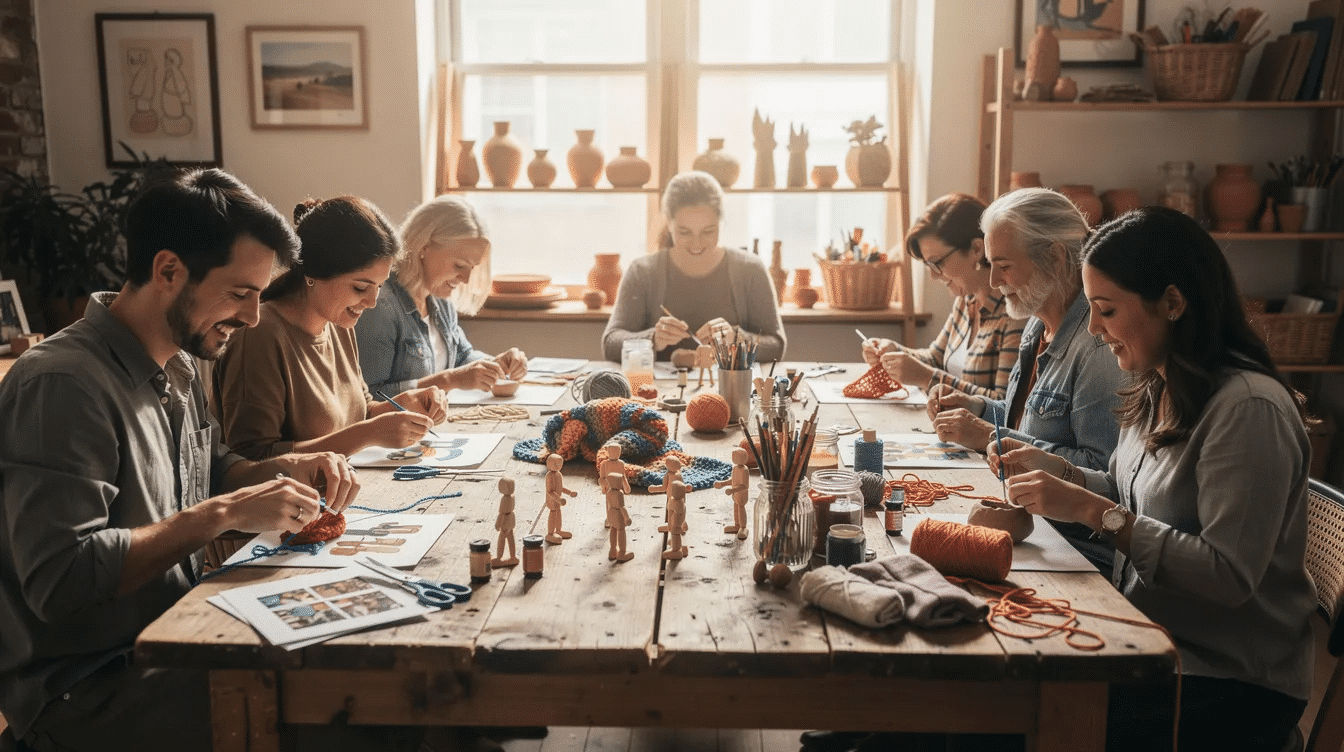 A group of people is gathered around a large wooden table engaged in various craft projects showcasing a wide selection of supplies and tools The atmosphere is lively and creative as they collaborate and share ideas while working on handmade artwork together