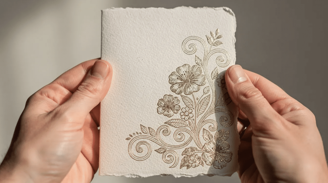 A close up view of hands gently holding an embossed greeting card featuring elegant foil details and textured paper perfect for sharing heartfelt messages on special occasions The card embodies love and inspiration making it a thoughtful choice for family and friends during the holidays or any time of the year