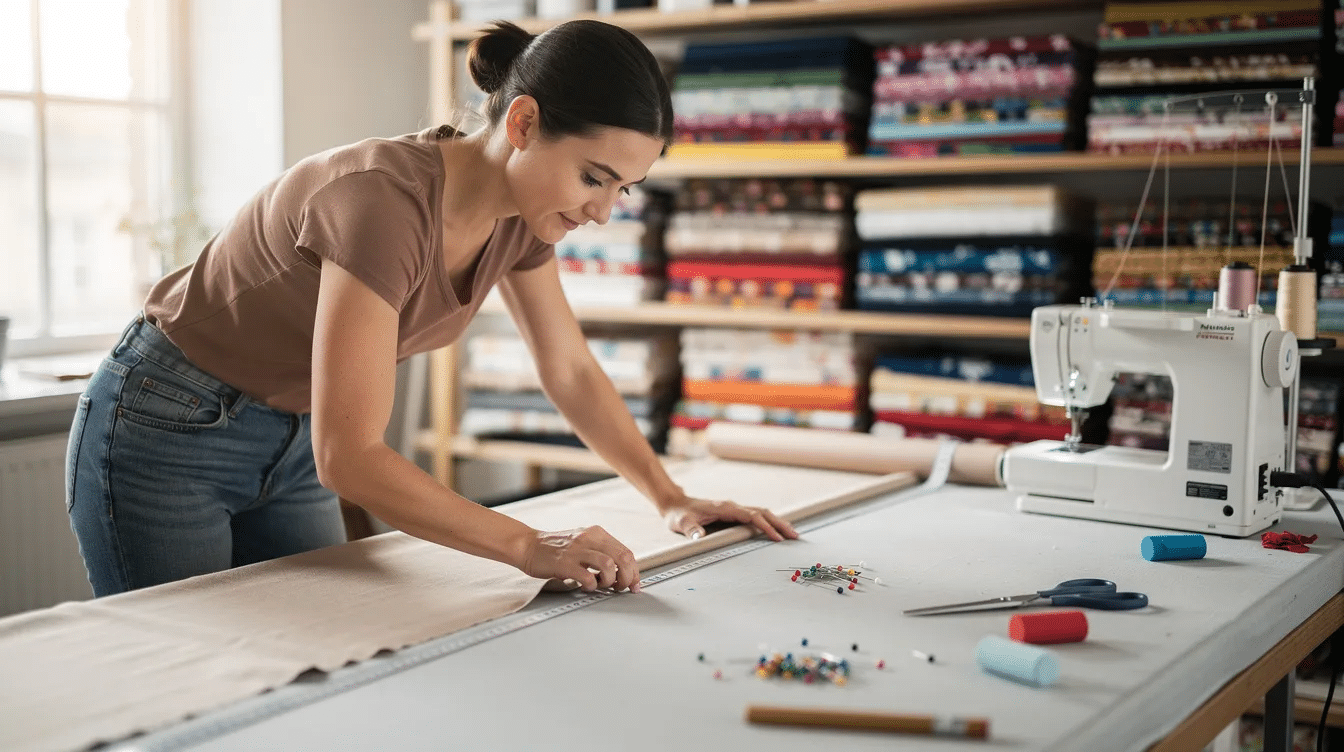 9b877116 0c3d 434f b94e 0f81b3fdd1f9 A woman is measuring a piece of fabric with a flexible measuring tape preparing to create dress patterns for various garments like skirts and jackets She appears focused and organized possibly referring to an instruction booklet or a PDF download for guidance on sizes and prints