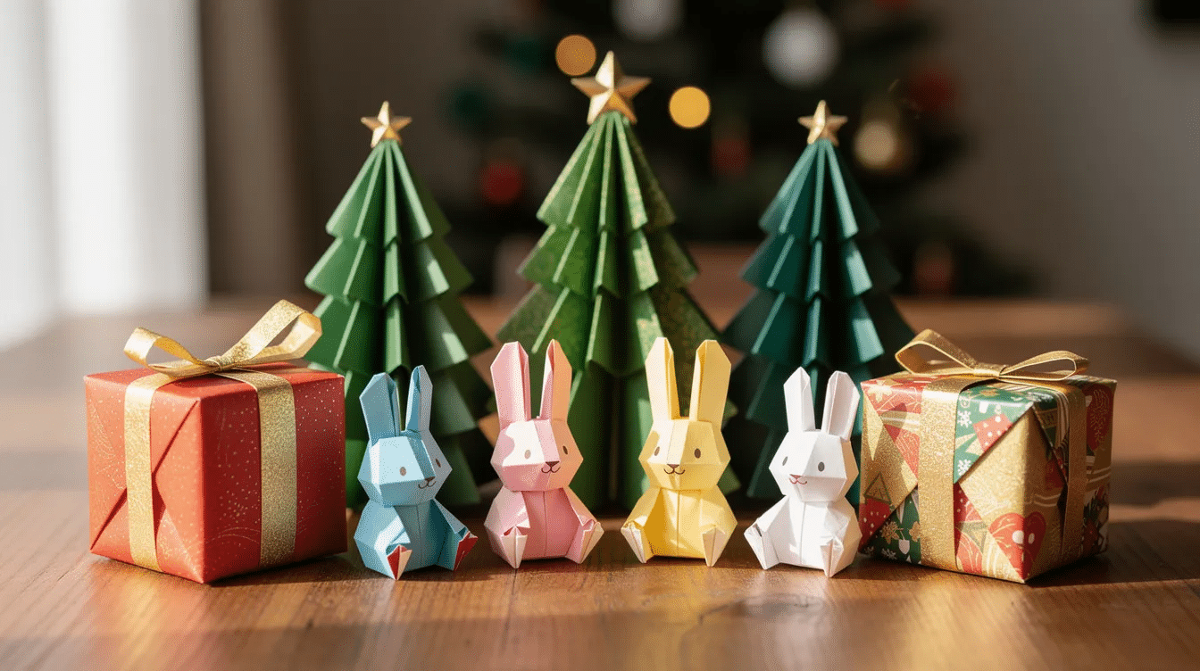 A vibrant display of colorful holiday origami features intricately folded Christmas trees playful bunnies and decorative boxes all arranged neatly on a wooden table showcasing the art of origami and the joy of paper crafts This festive arrangement invites viewers to explore creative projects for the holiday season