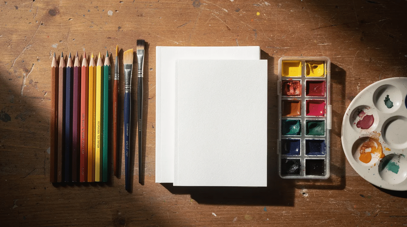 The image depicts a neatly organized collection of art supplies on a wooden desk featuring colored pencils brushes and sheets of paper ideal for artists and crafters This arrangement showcases various materials for painting and drawing emphasizing creativity and fine details