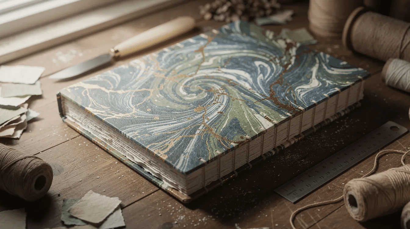 A handbound journal featuring a decorative marbled paper cover is placed on a craft workspace surrounded by various sheets of colorful papers This versatile piece showcases the art of bookbinding and is perfect for jotting down notes or creating invitations in a stylish design