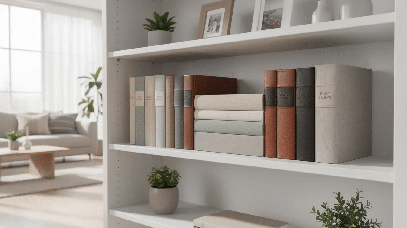 A modern bookshelf showcases an array of colorful photo albums including a cute polaroid photo album with a leather cover in a bright living room filled with natural light The albums are filled with instant photos capturing happy memories with friends and family alongside little notes that add a personal touch
