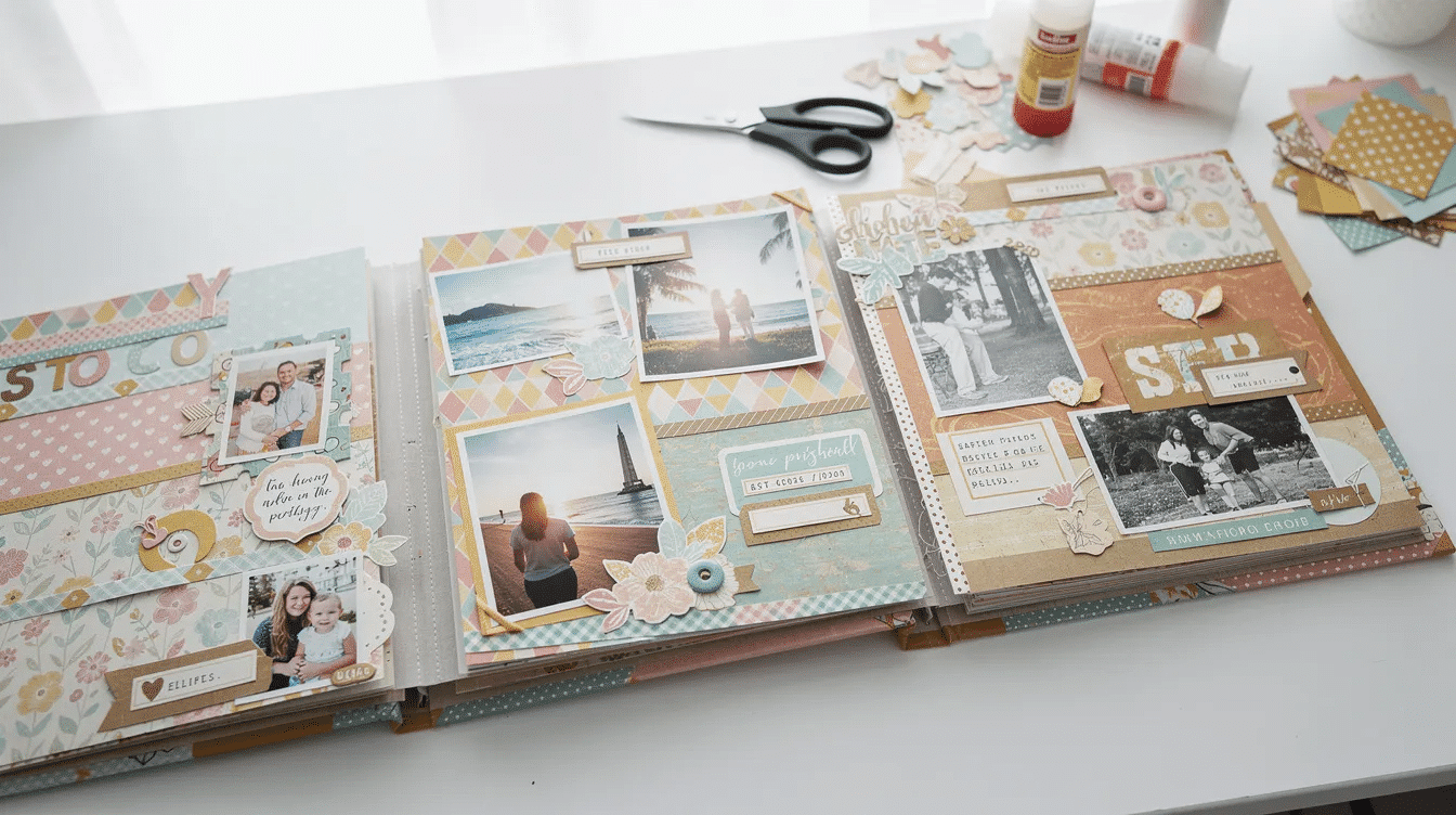 The image showcases completed scrapbook layouts featuring a vibrant assortment of colorful papers and photographs highlighting the creativity and craftsmanship involved in using a craft subscription box Each layout reflects a fun way to preserve memories perfect for both kids and adults who enjoy crafting
