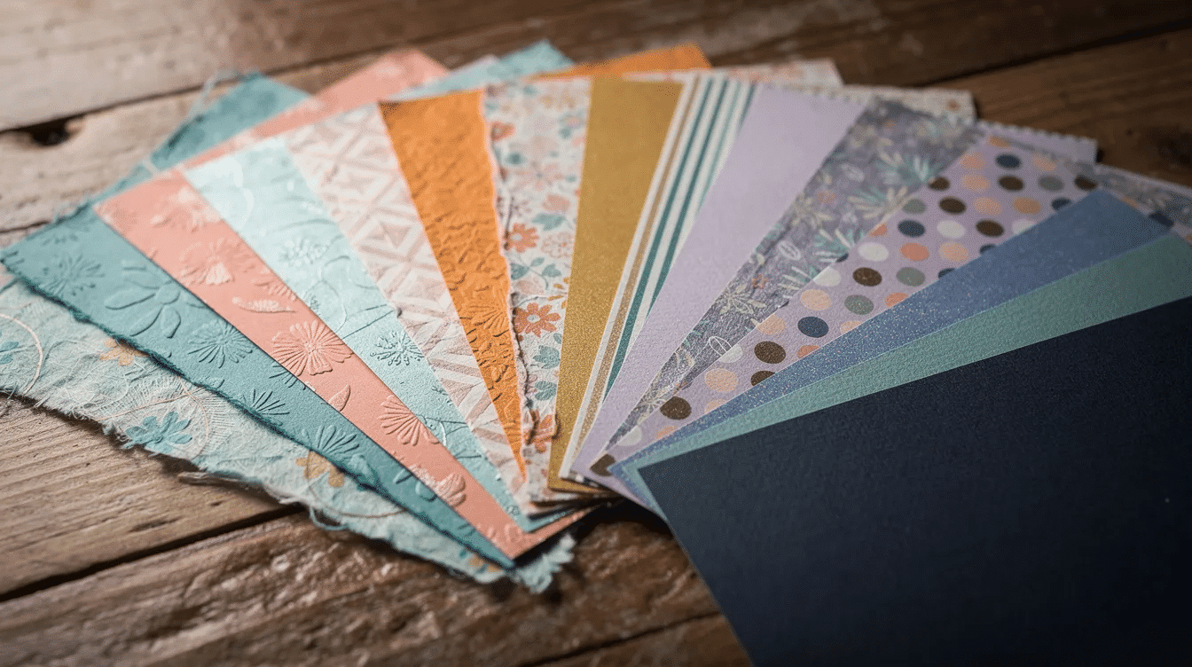 A vibrant collection of various decorative paper sheets is fanned out on a wooden table showcasing a range of patterns and textures These versatile papers are perfect for handmade invitations bookbinding or crafting notes inviting creativity and unique design styles