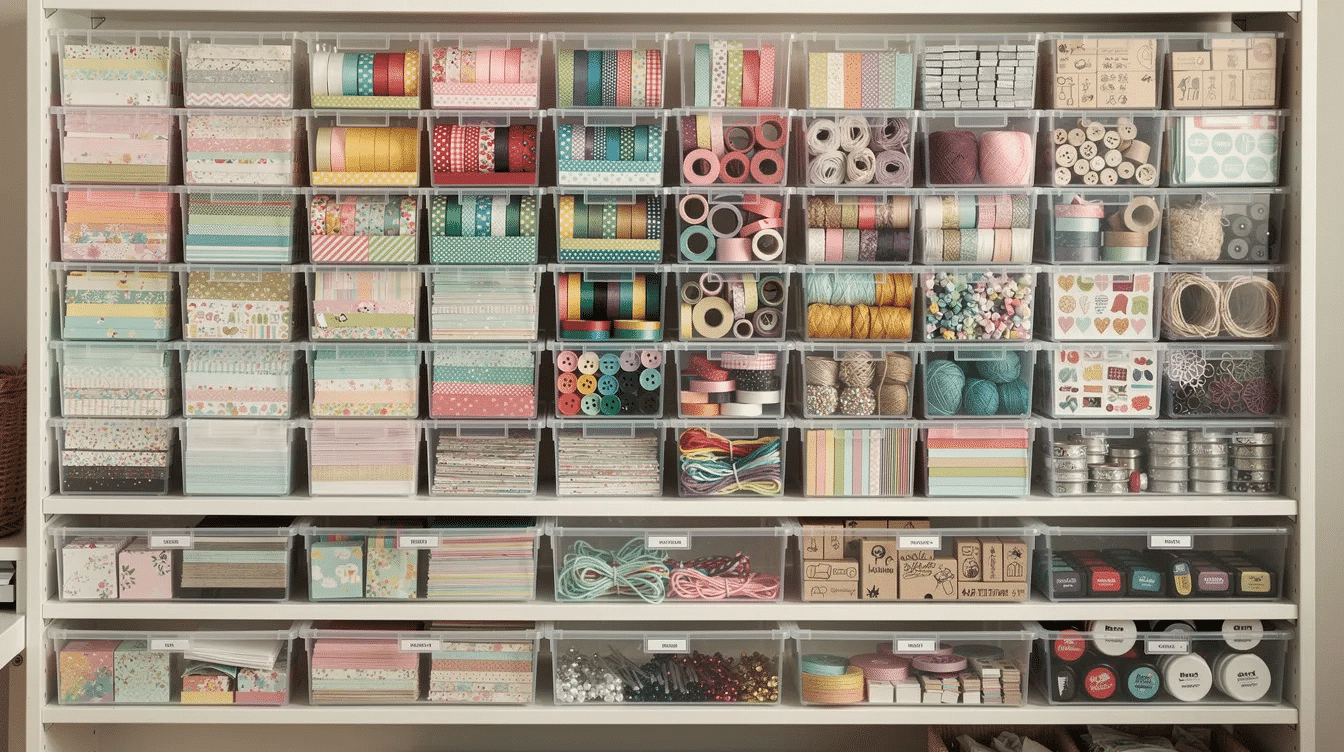 The image features neatly organized craft storage bins and drawers filled with vibrant scrapbooking materials from brands like Simple Stories and Echo Park showcasing a variety of papers stickers and embellishments designed to help you protect and preserve family memories in a creative way