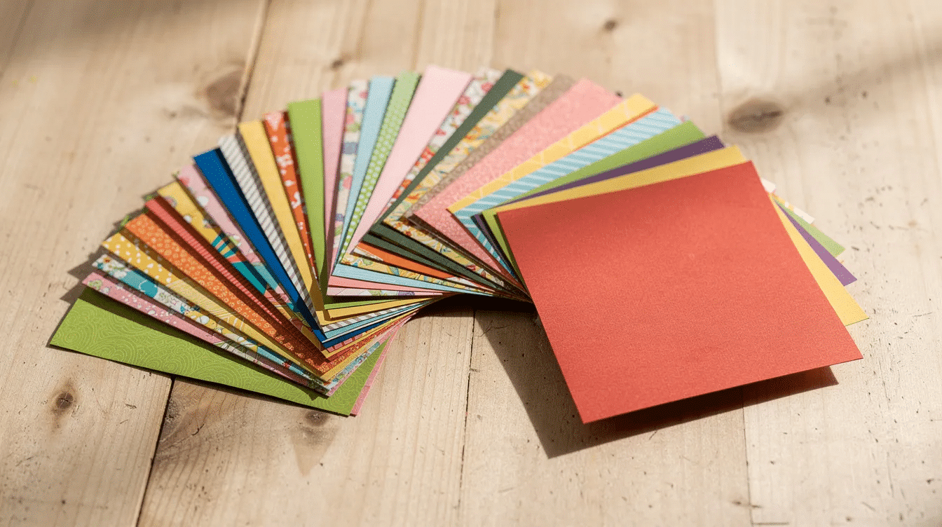 A vibrant array of colorful sheets of origami paper is fanned out on a wooden table showcasing various hues perfect for school projects and DIY crafts Each square sheet is ready for just a few folds to create fun origami models like a paper cube or a water bomb