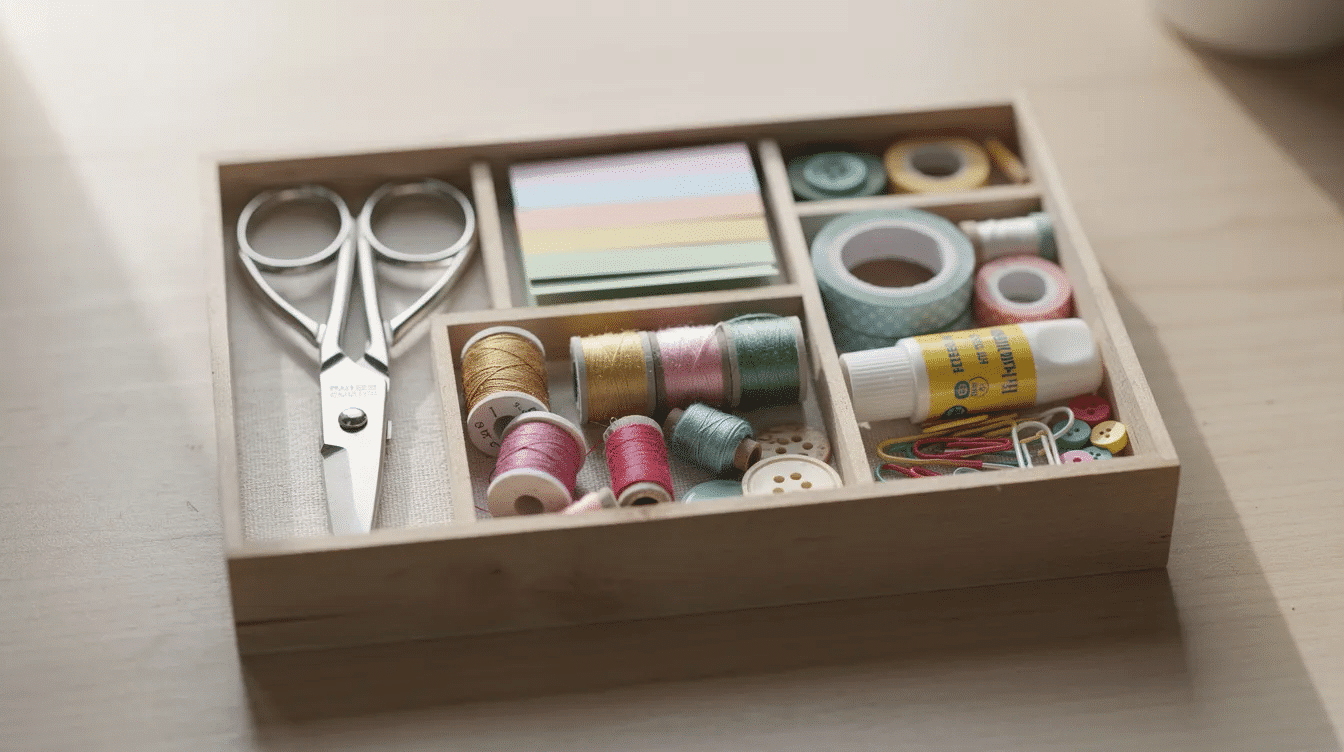 The image shows a small organized box filled with essential junk journaling supplies including scissors colorful threads various papers and other crafting tools This neatly arranged collection is perfect for creative projects like making junk journals or engaging in paper crafts