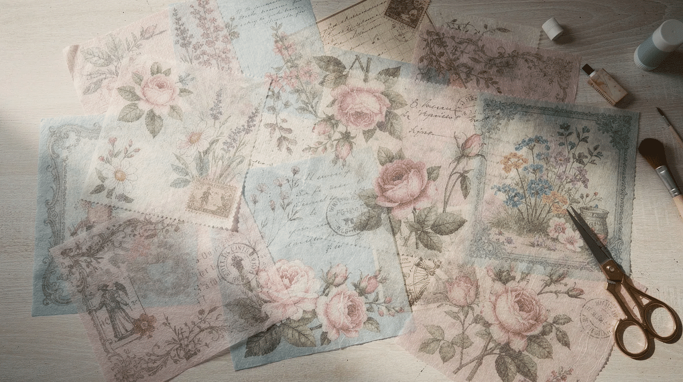 A colorful assortment of printed rice papers featuring floral and vintage designs is spread across a craft table showcasing a curated collection perfect for decoupage projects The vibrant patterns include seasonal motifs ideal for elevating various crafts and art pieces