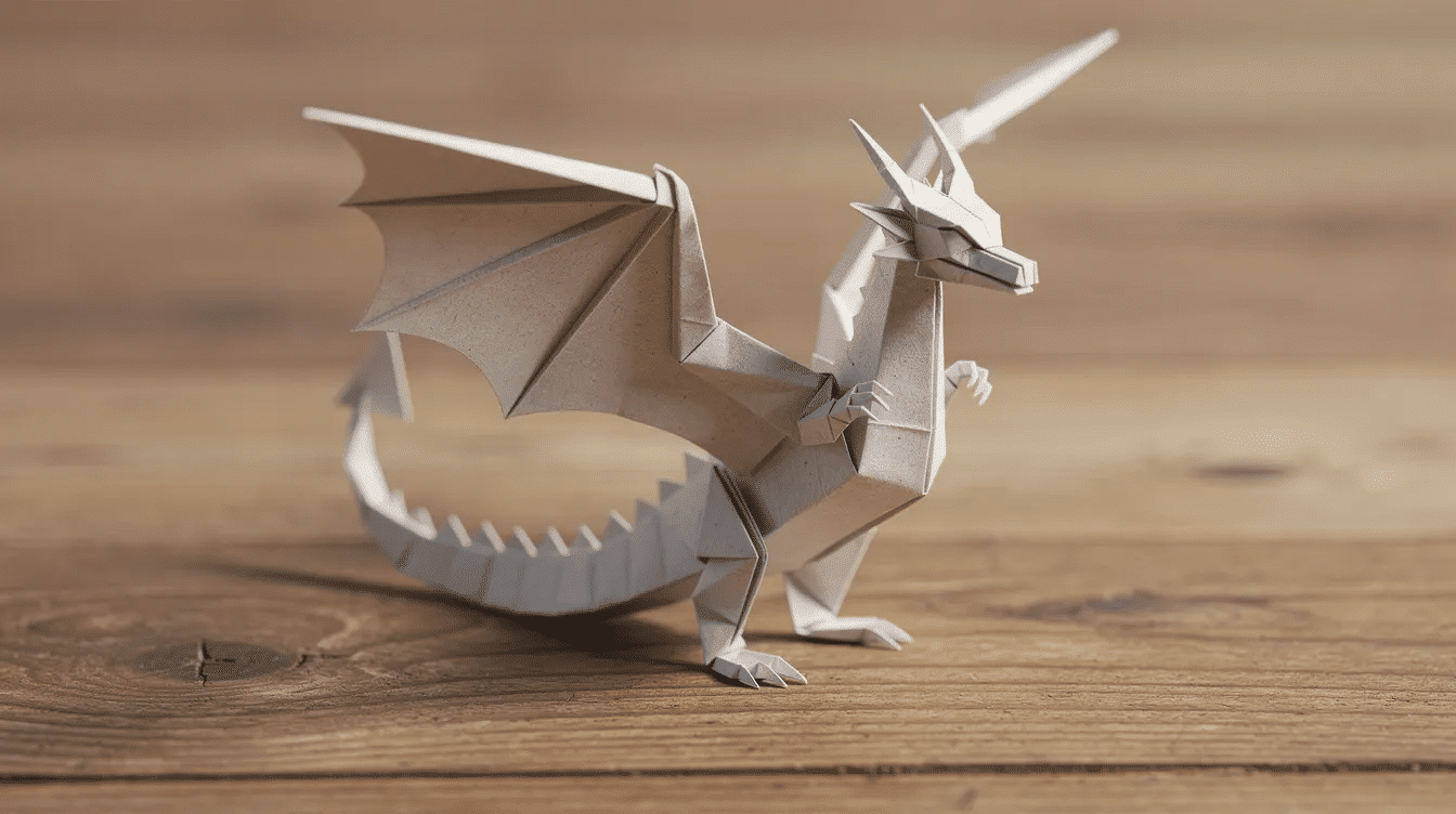 A659859f ee0b 4ea7 9f3c 45f313804810 The image features a completed origami dragon crafted from colored paper showcasing its spread wings and elegantly curved tail displayed on a wooden surface This intricate piece highlights the skill of origami experts perfect for anyone interested in crafts and paper folding