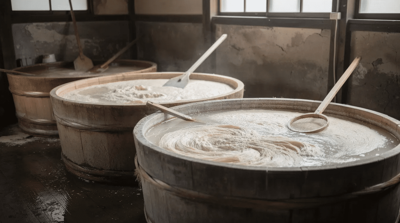 The image depicts traditional papermaking vats filled with water where natural fiber pulp such as cotton linters and hemp floats on the surface showcasing the intricate process of creating custom origami paper This scene highlights the art and craft of papermaking essential for producing high quality sheets used by designers and artists in their origami projects