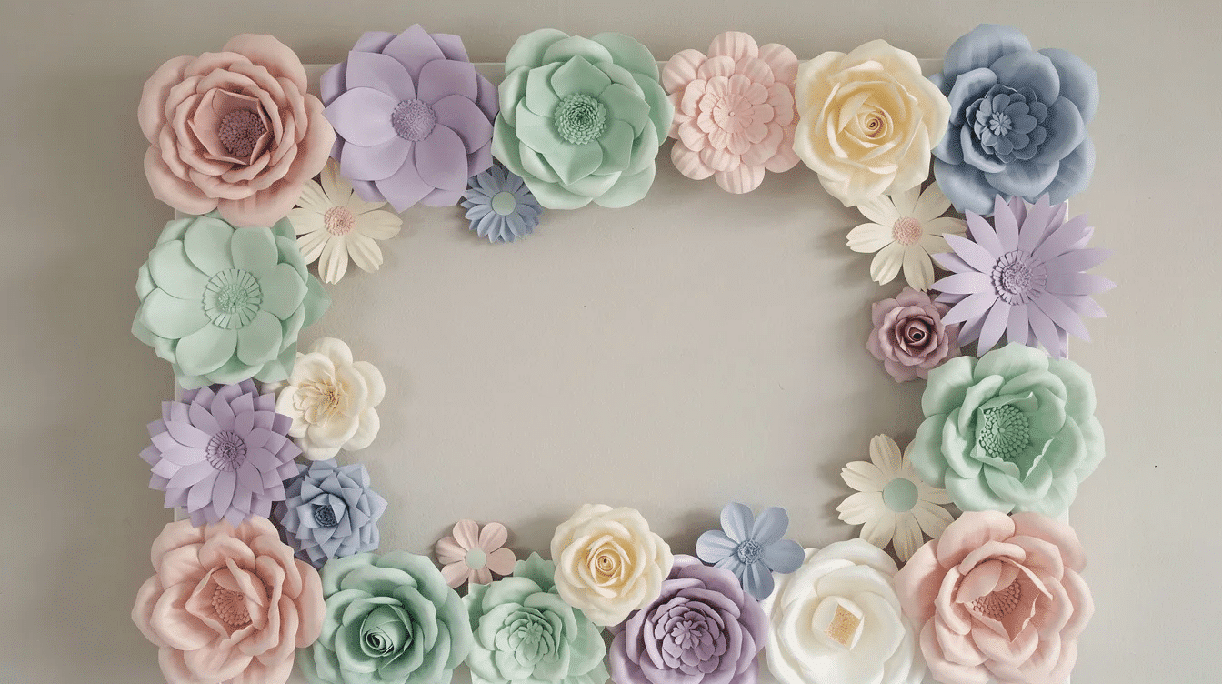 The image features a decorative wall section embellished with an array of handmade paper flowers in soft pastel colors showcasing various sizes and styles that add a whimsical touch to any craft room This beautiful display highlights the creativity involved in cricut paper crafts and paper projects perfect for special occasions or celebrations