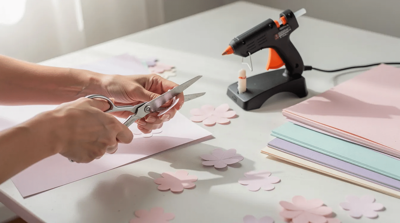 Add773f4 092a 4dcb 8f14 623aedc6b60e A pair of hands is using scissors to carefully cut out paper petals surrounded by cardstock sheets and a hot glue gun suggesting a crafting session focused on creating beautiful paper flowers for wall decor perfect for events like weddings or baby showers