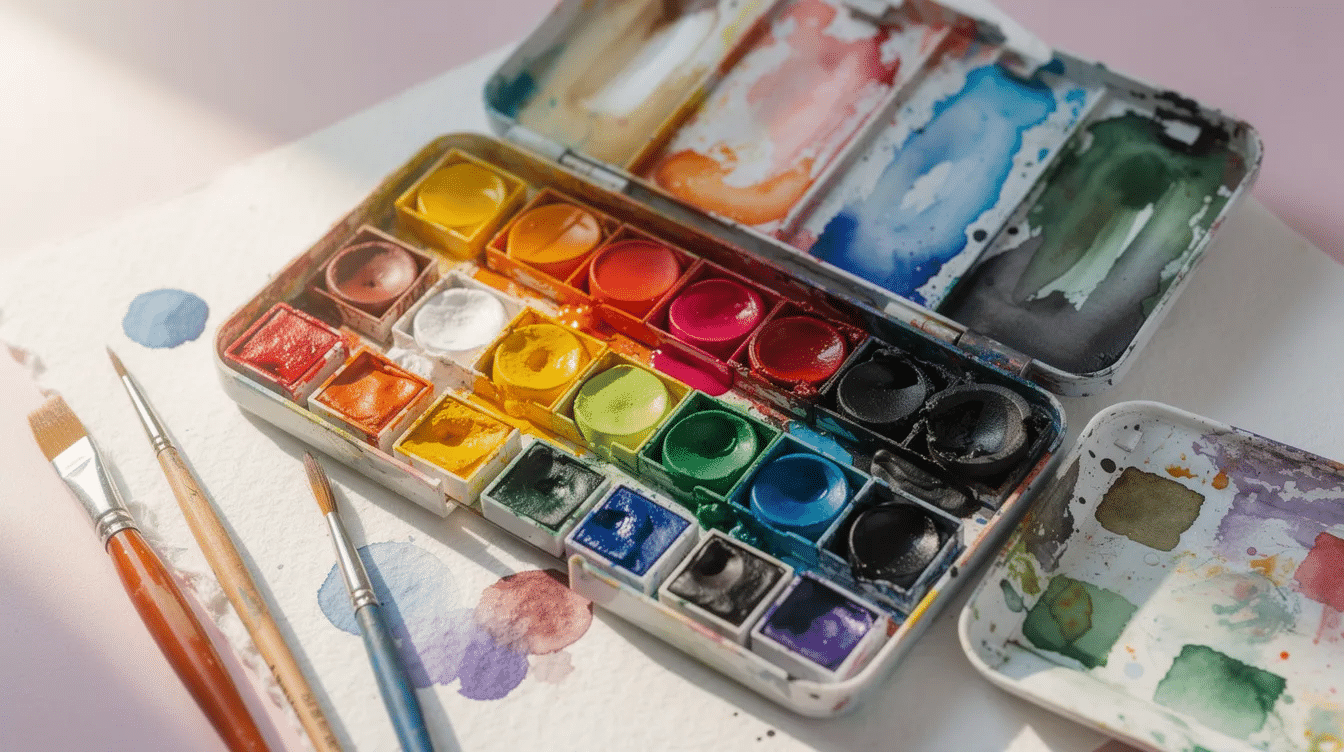 The image features a watercolor palette filled with a vibrant range of watercolors alongside several brushes showcasing essential art supplies for painting This setup highlights the creativity and joy of using various artist materials to create beautiful artwork