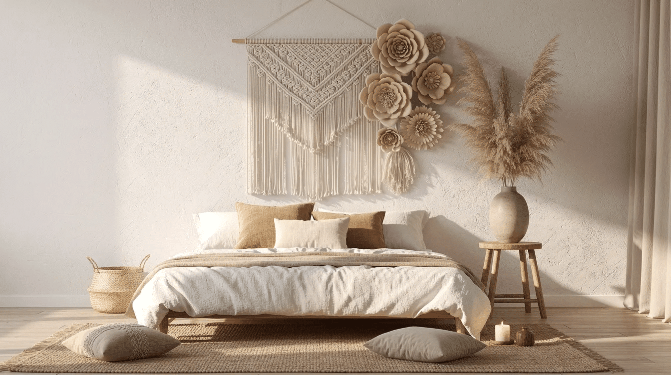 B08d10e1 b6be 4d43 9359 5fc32335f81a A cozy boho bedroom features a stunning arrangement of beige paper flowers and pampas grass complemented by a macrame wall hanging creating a beautiful and serene wall decor The delicate crepe paper flowers add a charming touch perfect for a nursery or as a backdrop for a wedding decoration