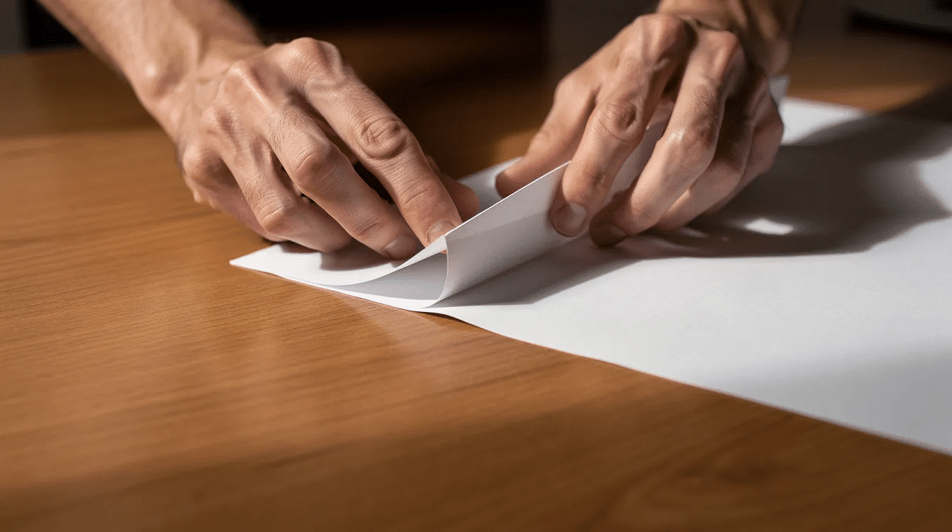 A pair of hands is pressing a crisp fold into a sheet of white A paper on a wooden desk preparing to create a paper airplane This action signifies the beginning of a fun and easy origami project as the paper is transformed into a foldable flight design