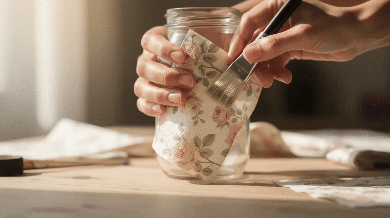 B2a12064 b67d 4c15 ba82 3d1458c161e2 A pair of hands gently smooths a vintage floral paper napkin onto a glass jar with a soft brush showcasing the art of decoupage The scene captures a moment of creativity highlighting the delicate design of the napkin and the careful application process