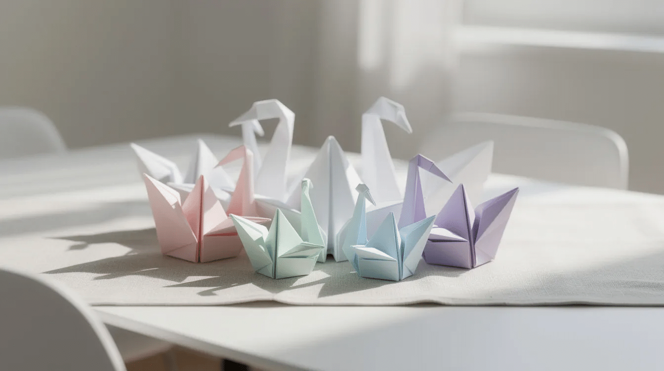 The image features a beautiful arrangement of multiple origami swans in white and pastel colors elegantly displayed as a table centerpiece Each paper swan showcases intricate folds embodying the art of origami and adding a touch of creativity to the setting