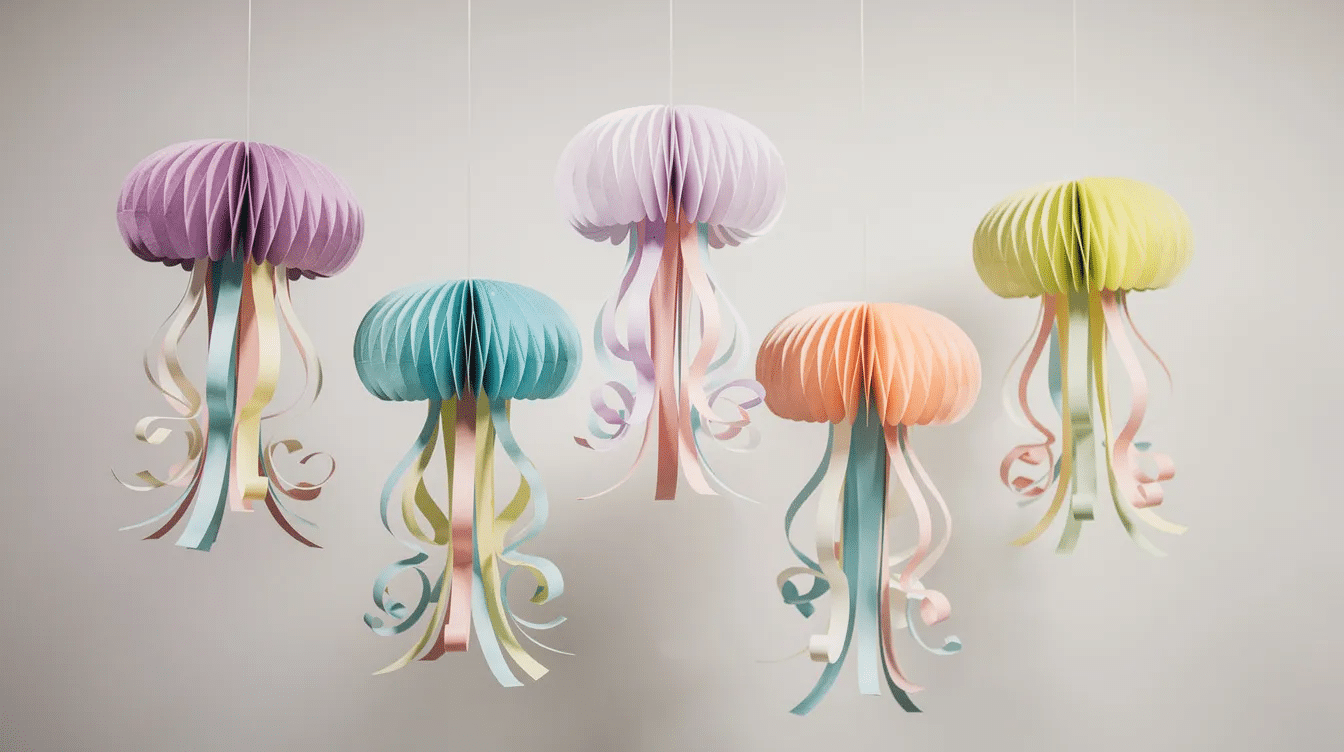 The image features colorful paper jellyfish hanging from strings against a light background showcasing beautiful patterns and bright hues that create a fun atmosphere This delightful paper craft is a perfect project for kids encouraging creativity and fine motor skills through simple steps and easy materials