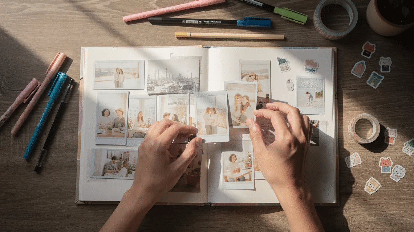 A pair of hands is carefully arranging instant photos in a small photo album with colorful pens and fun stickers nearby for personalizing the pages The album features a leather cover capturing memories of friends and family moments in polaroid photographs