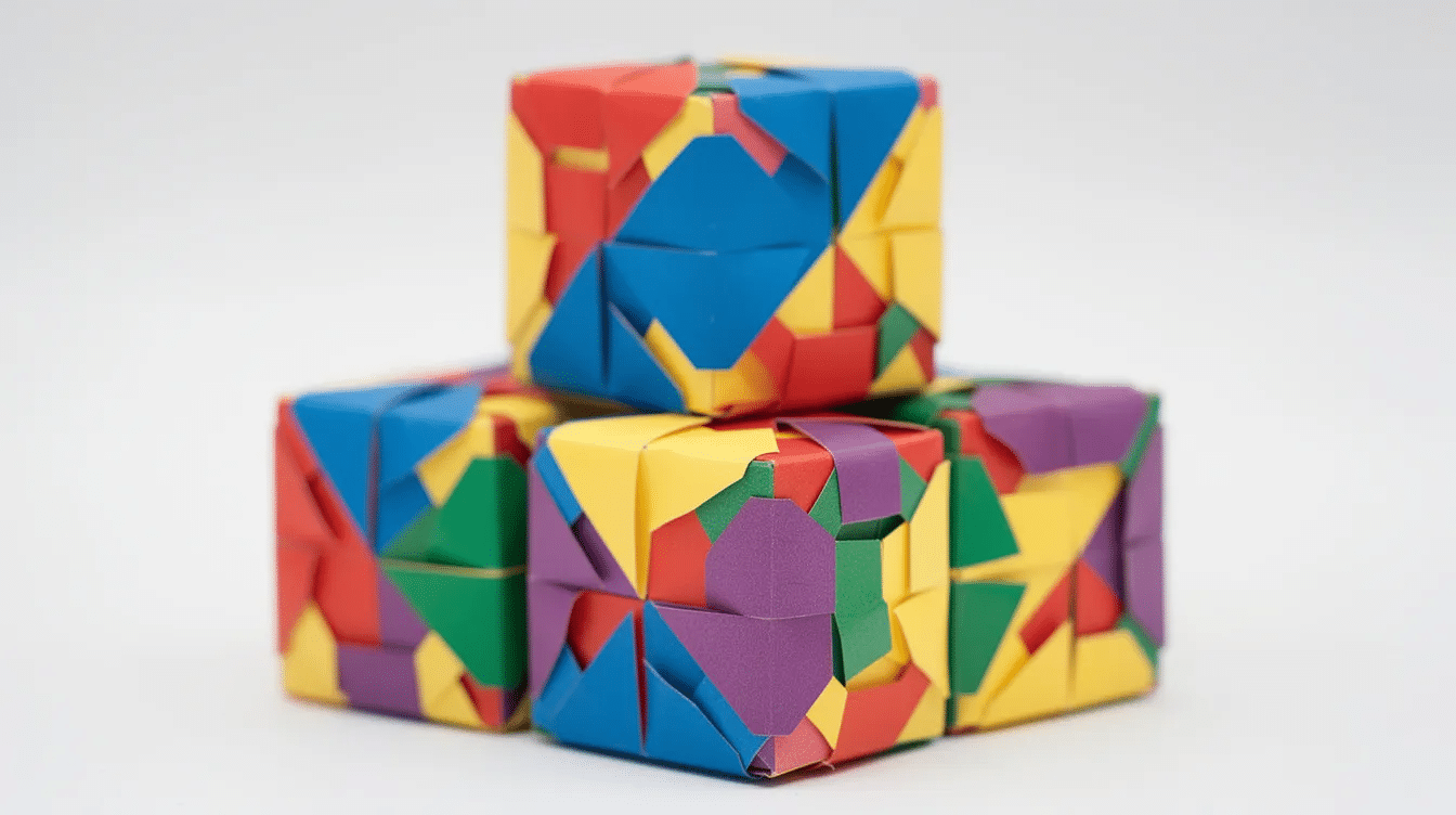 The image features a vibrant arrangement of multiple modular origami cubes stacked in a pyramid formation showcasing a variety of colors These paper cubes created from square sheets of origami paper exemplify fun DIY projects that can be made with just a few folds making them perfect for school projects and beginners alike