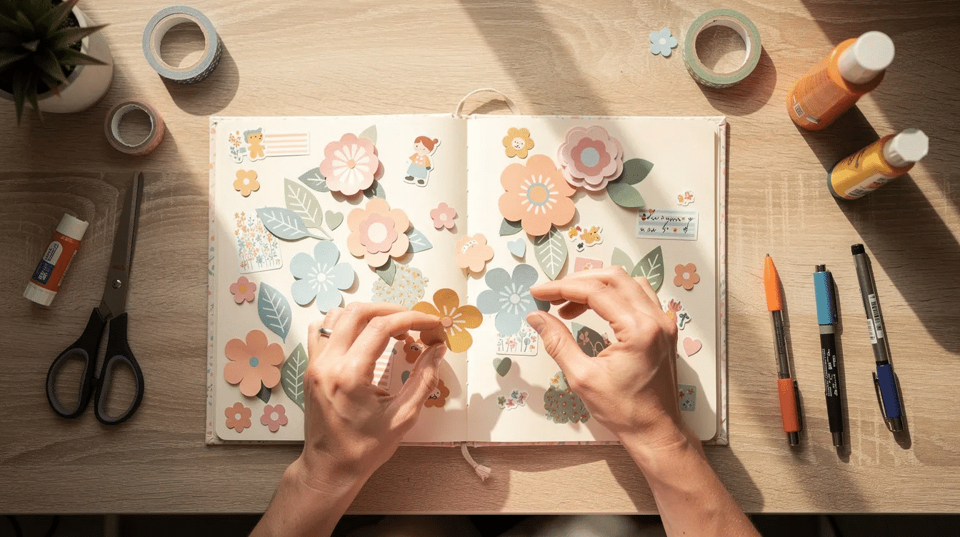 The image shows hands carefully arranging colorful floral paper cutouts and stickers on a scrapbook page showcasing a creative craft project This scene highlights the joy of using high quality materials from a craft subscription box to create personalized art