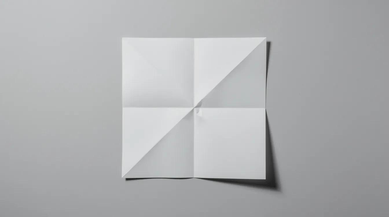 The image shows a square piece of white paper folded in half diagonally creating a visible crease line from one corner to the opposite corner This simple fold is often the first step in making an easy origami swan or other paper models