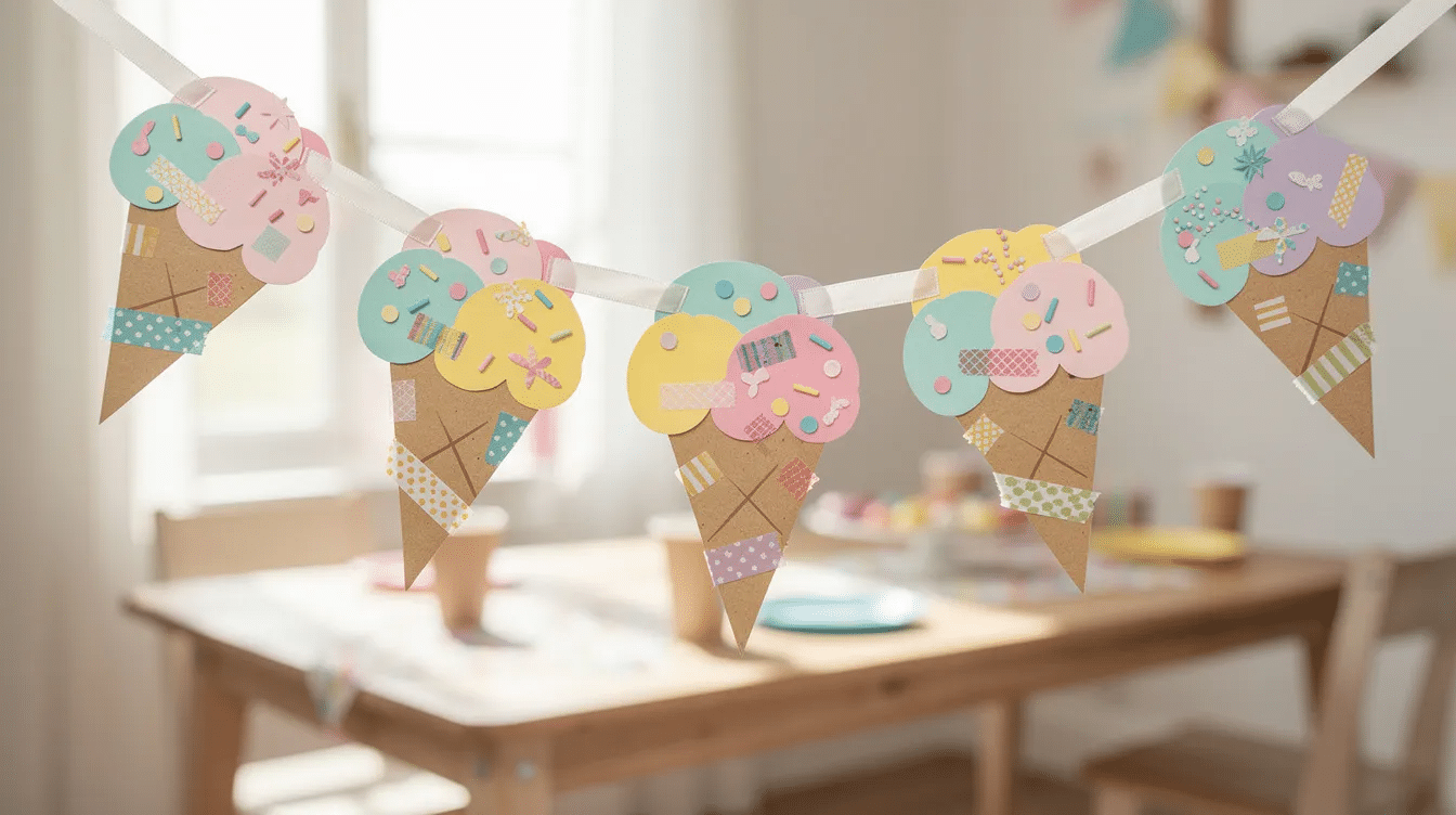 The image depicts a colorful paper ice cream cone banner featuring tan isosceles triangles representing cones topped with overlapping pastel and bright circles as scoops Decorated with playful sprinkles made from markers and small paper dots the cones are strung along a ribbon creating a festive display perfect for summer parties and easy crafts with paper