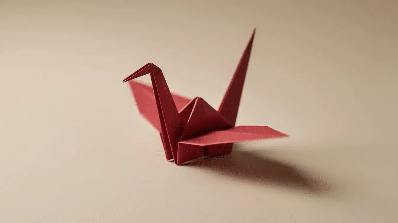 A beautifully crafted red origami crane representing a classic origami animal is displayed against a soft neutral background showcasing the art of folding paper into simple models This elegant piece highlights the beauty of easy origami and serves as an inspiration for beginners looking to explore this fun craft