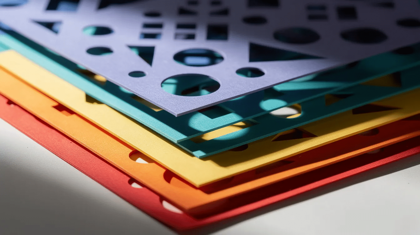 Cb734228 f42a 42cf 943b f526a401155a The image features colorful layers of folded paper each displaying various geometric holes cut into them creating a striking effect of depth and shadows The holes include perfect circles and semi circles demonstrating a creative technique for cutting shapes in paper that adds visual interest to the entire design