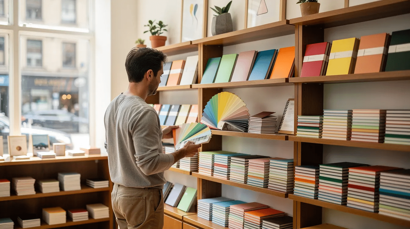 A person is exploring a vibrant collection of colorful paper swatches and notebooks displayed on wooden shelves in a bright boutique where they can discover their favorite stationery items The light filled shop invites visitors to create and celebrate their personal style with a range of unique products