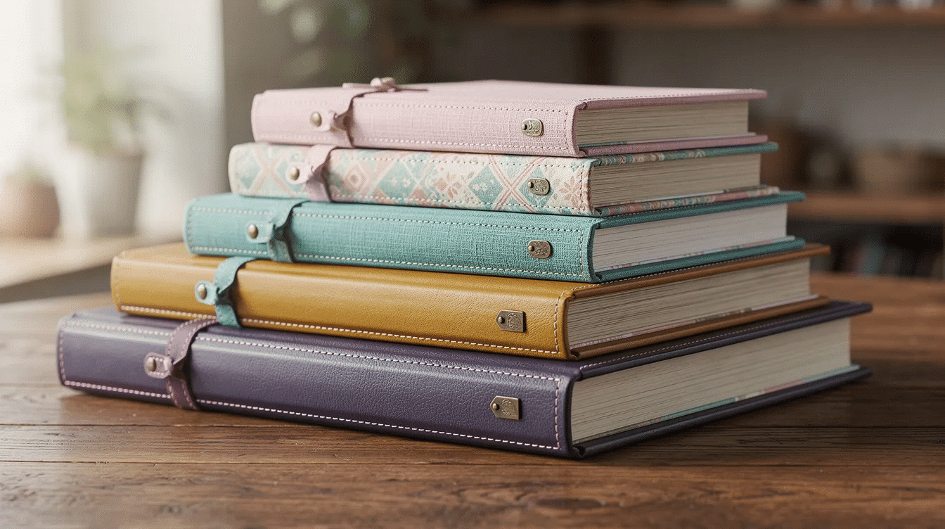 A stack of colorful scrapbook albums in various sizes is displayed on a wooden table showcasing a variety of patterns and designs perfect for preserving cherished memories The albums are ideal for creating scrapbook pages handmade cards and adding embellishments making them a great choice for any crafting enthusiast