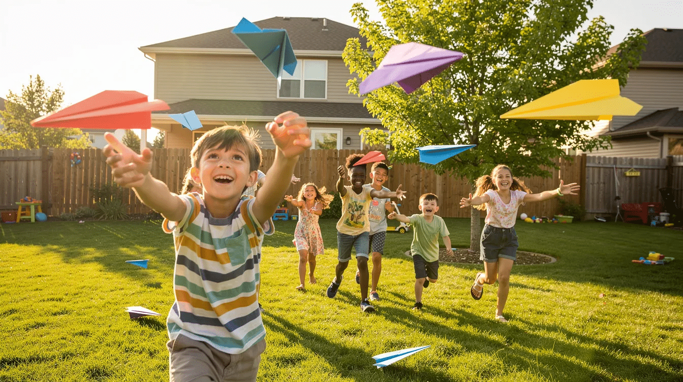 In a sunny backyard children joyfully throw colorful paper airplanes showcasing various paper airplane designs as they enjoy the thrill of foldable flight The scene captures the excitement of learning how to make and fly these best paper airplanes creating a lively atmosphere filled with laughter